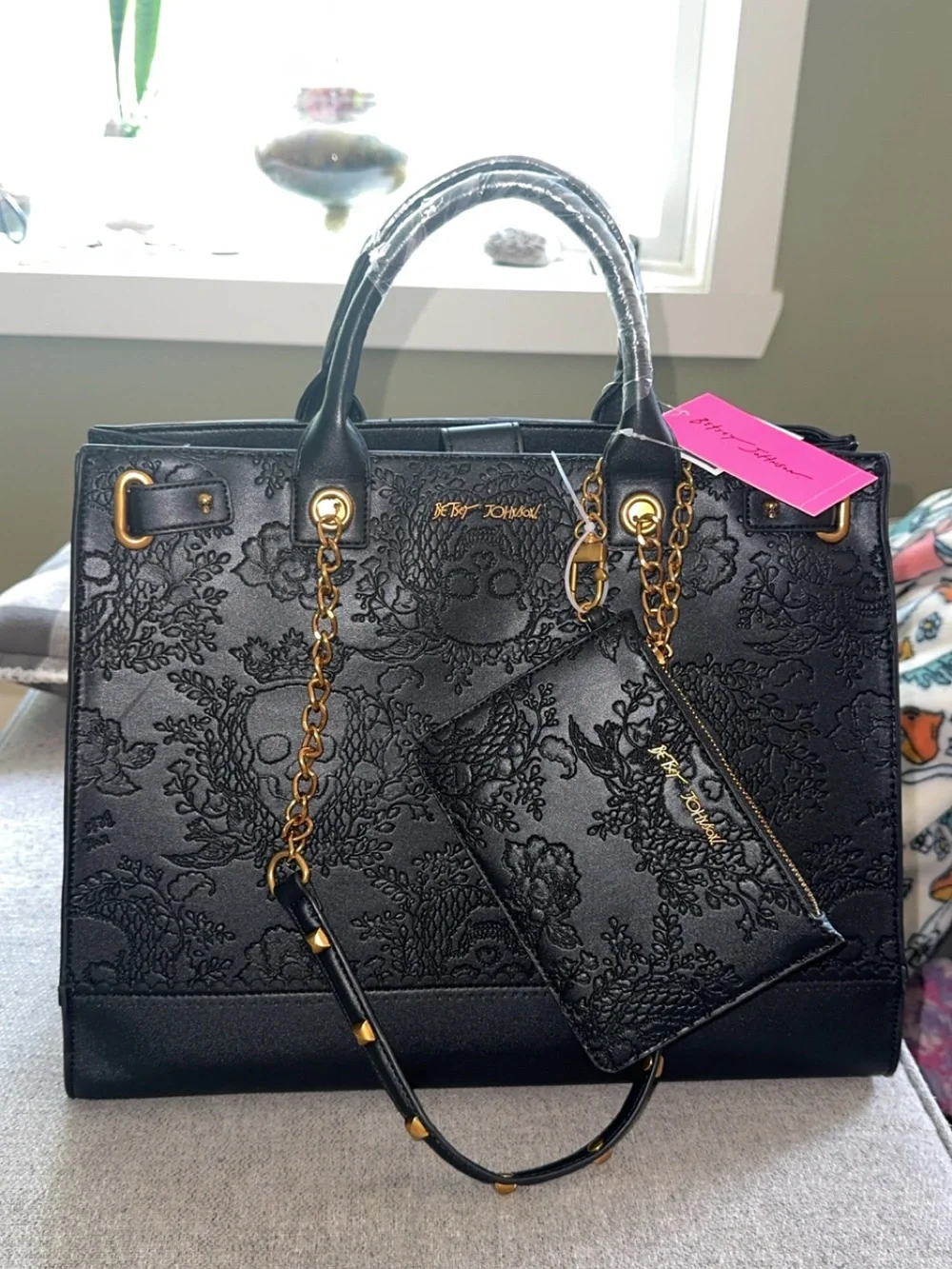Betsey Johnson Black Skull & Floral Embossed Floral Bag w/Gold Chain.